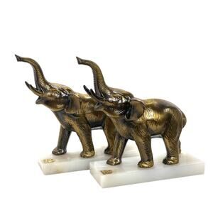 Pair Of Elephant Book Ends Brass With Genuine Onyx Base Imported New Diamond